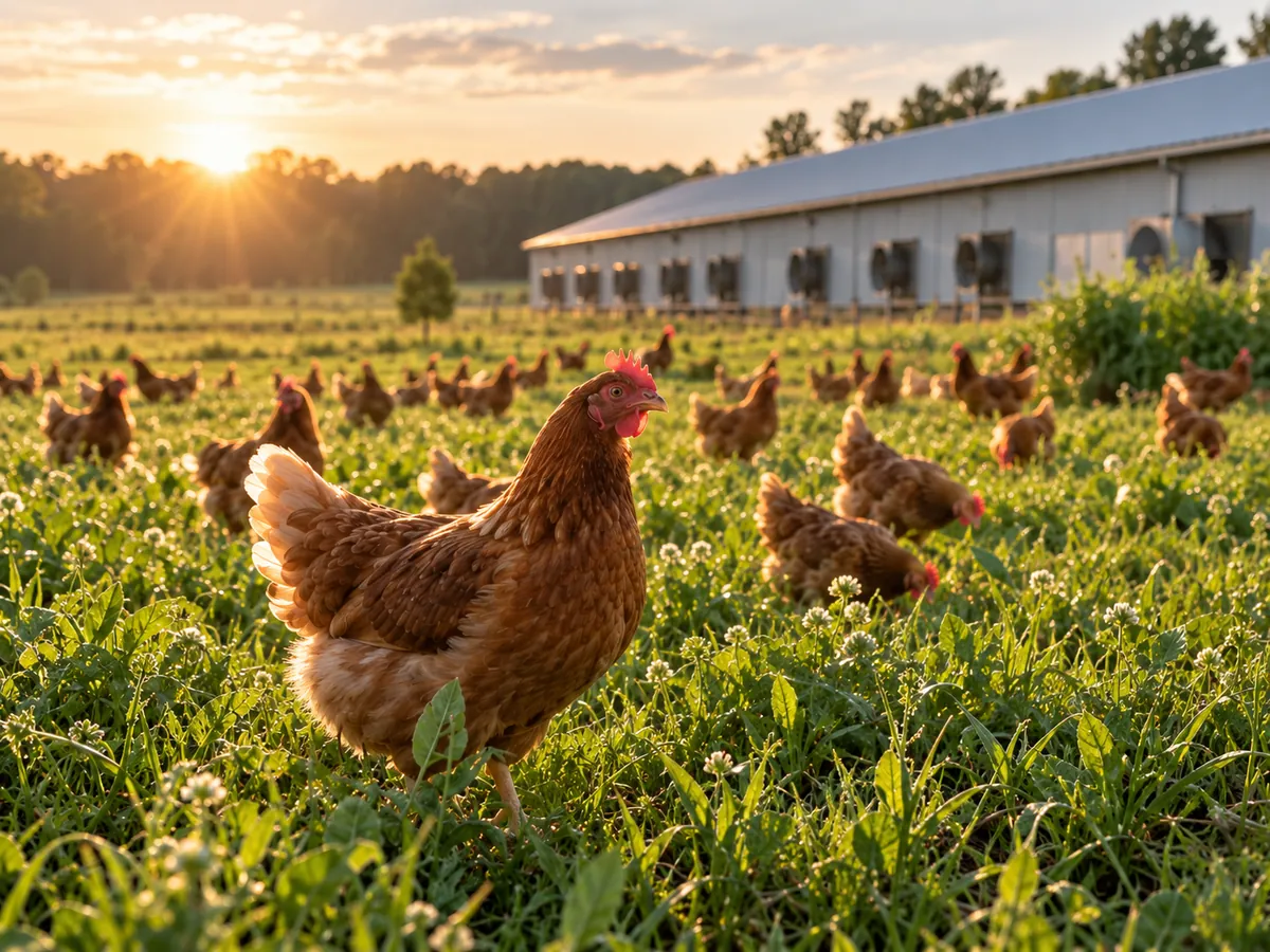 Brown hens foraging in a sunlit green pasture beside a poultry barn
